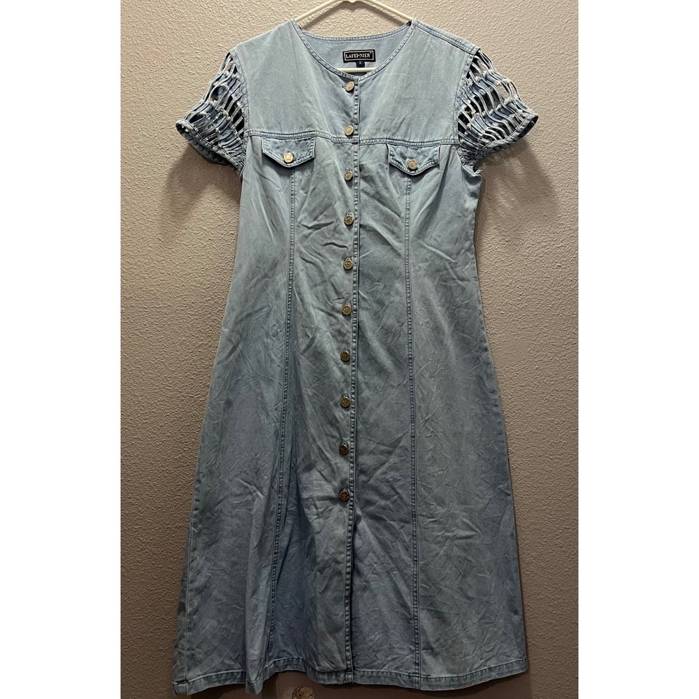 Lafeni Nie Denim Dress Button Front‎ Short Sleeve Cutout Sleeves Womens